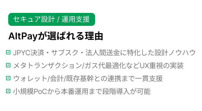 セキュア設計 / 運用支援 AltPayが選ばれる理由 JPYC決済・サブスク・法人間送金に特化した設計ノウハウメタトランザクション/ガス代最適化などUX重視の実装ウォレット/会計/既存基幹との連携まで一貫支援小規模PoCから本番運用まで段階導入が可能